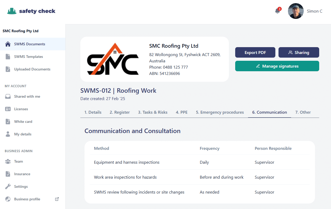 SWMS communication and consultation section