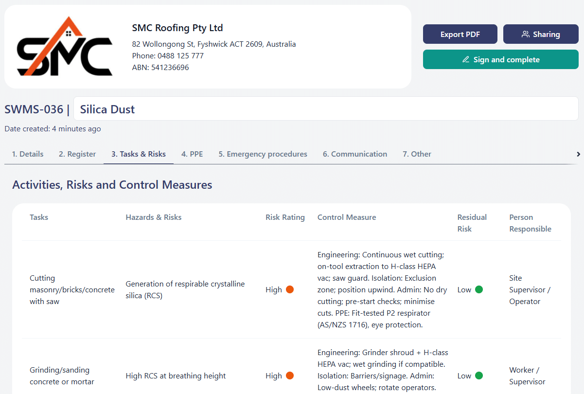 Silica Dust SWMS screenshot